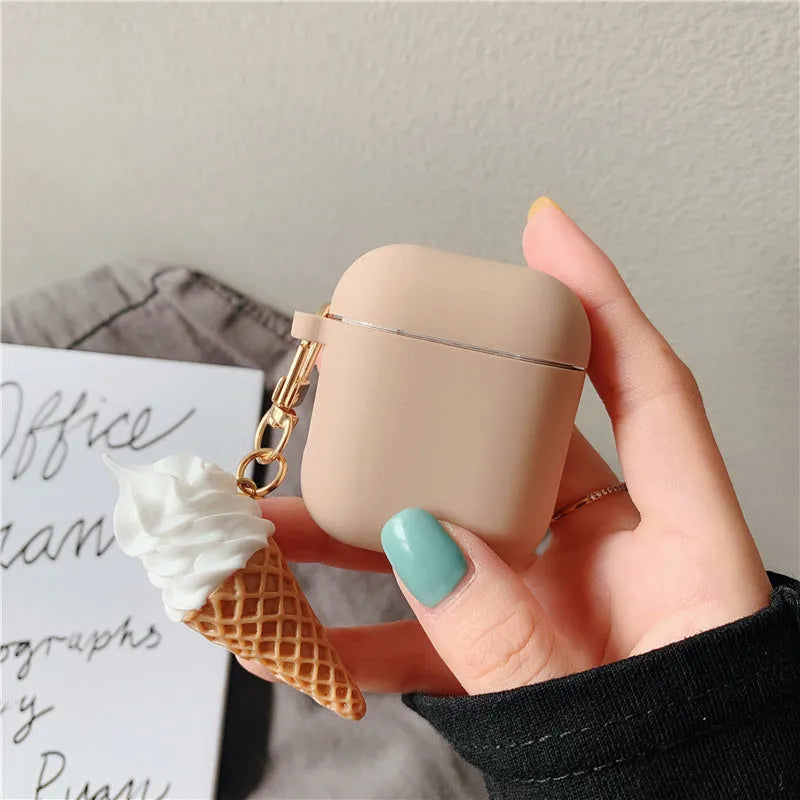 Colourful silicone cover case for Apple AirPods 2 wireless earbuds featuring a cylinder ice cream design.