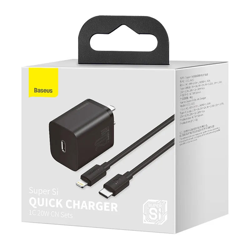 Super Silicon 20W fast charger with Type-C to iPhone connection, Black or White, 220V US plug.