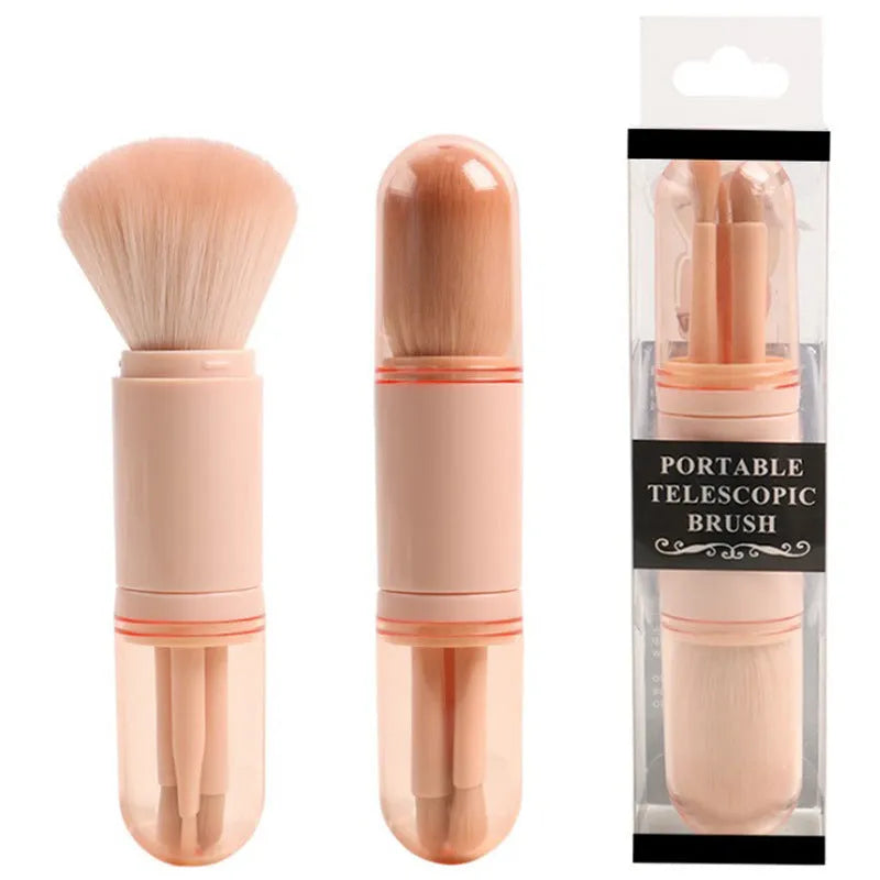 Single 4-in-1 retractable makeup brush set with man-made fibre bristles and plastic handle, 14cm total length