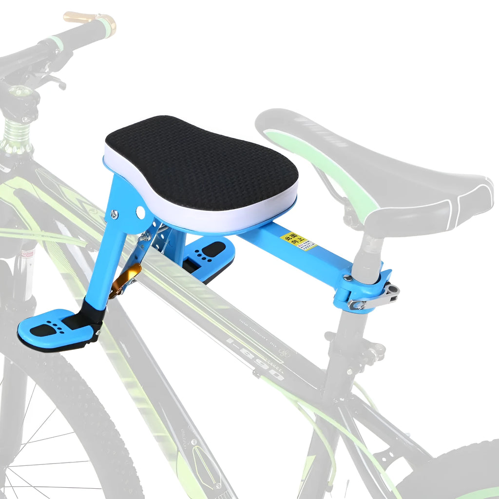Front-mounted bicycle child seat with cotton tube cushion, foldable pedals, and 31.8mm quick-release clamp