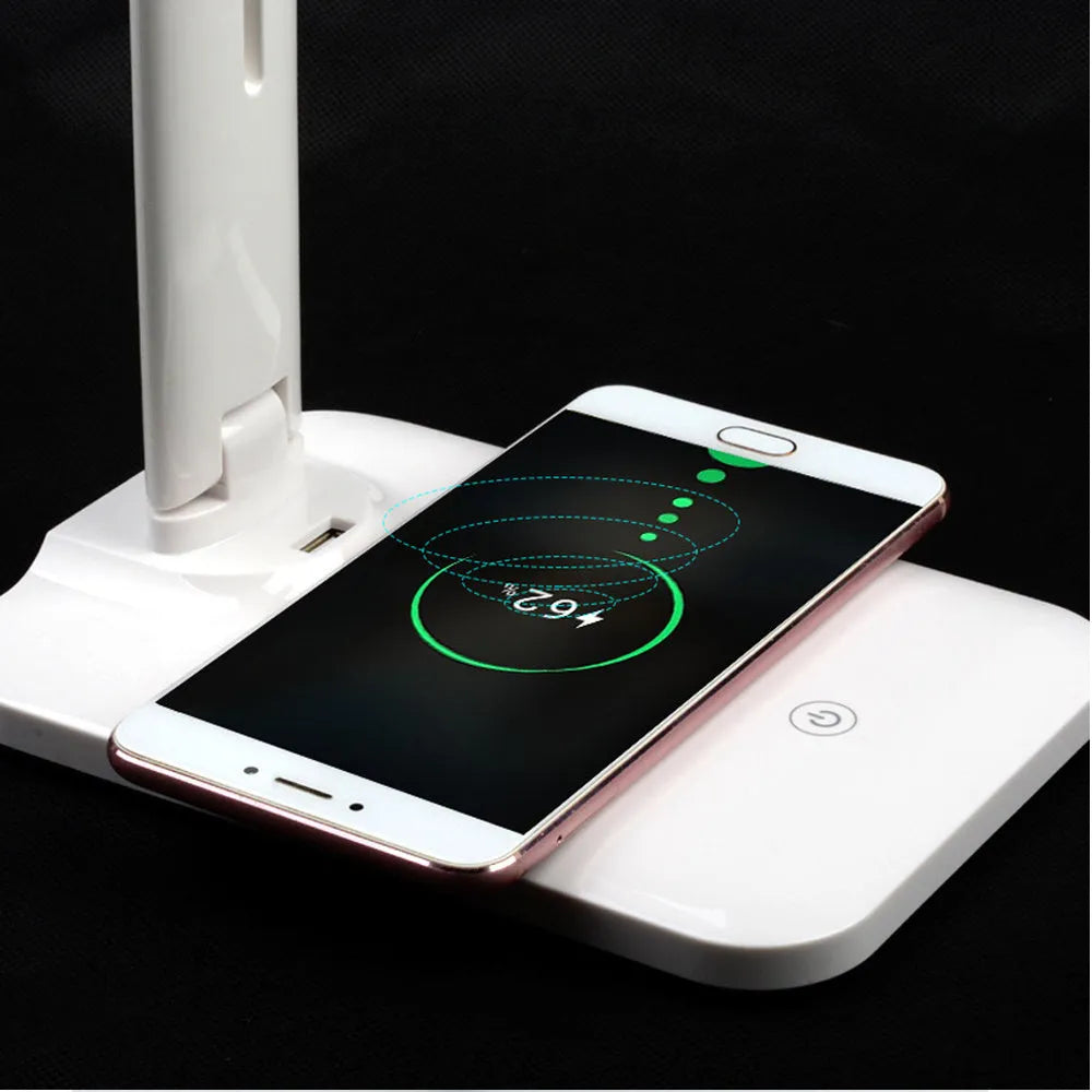 White eye protection desk lamp with Qi wireless charging base, 28 LED beads, touch dimmer, USB charging