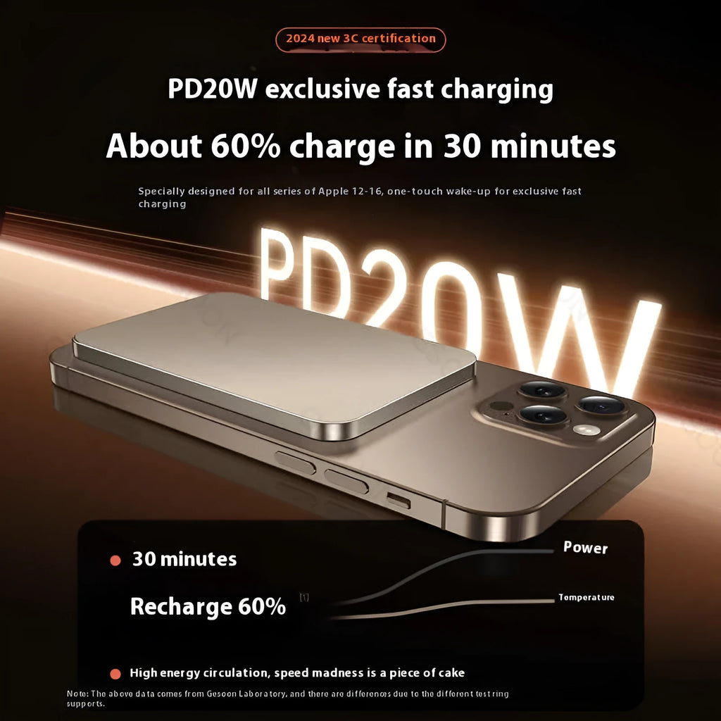 Small portable magnetic power bank with aluminium alloy shell in black or silver, 105x68x10mm