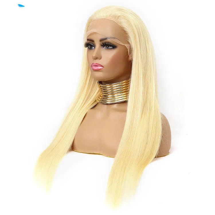 Reality gold long straight lace wig made from real human hair, medium length, side view on mannequin