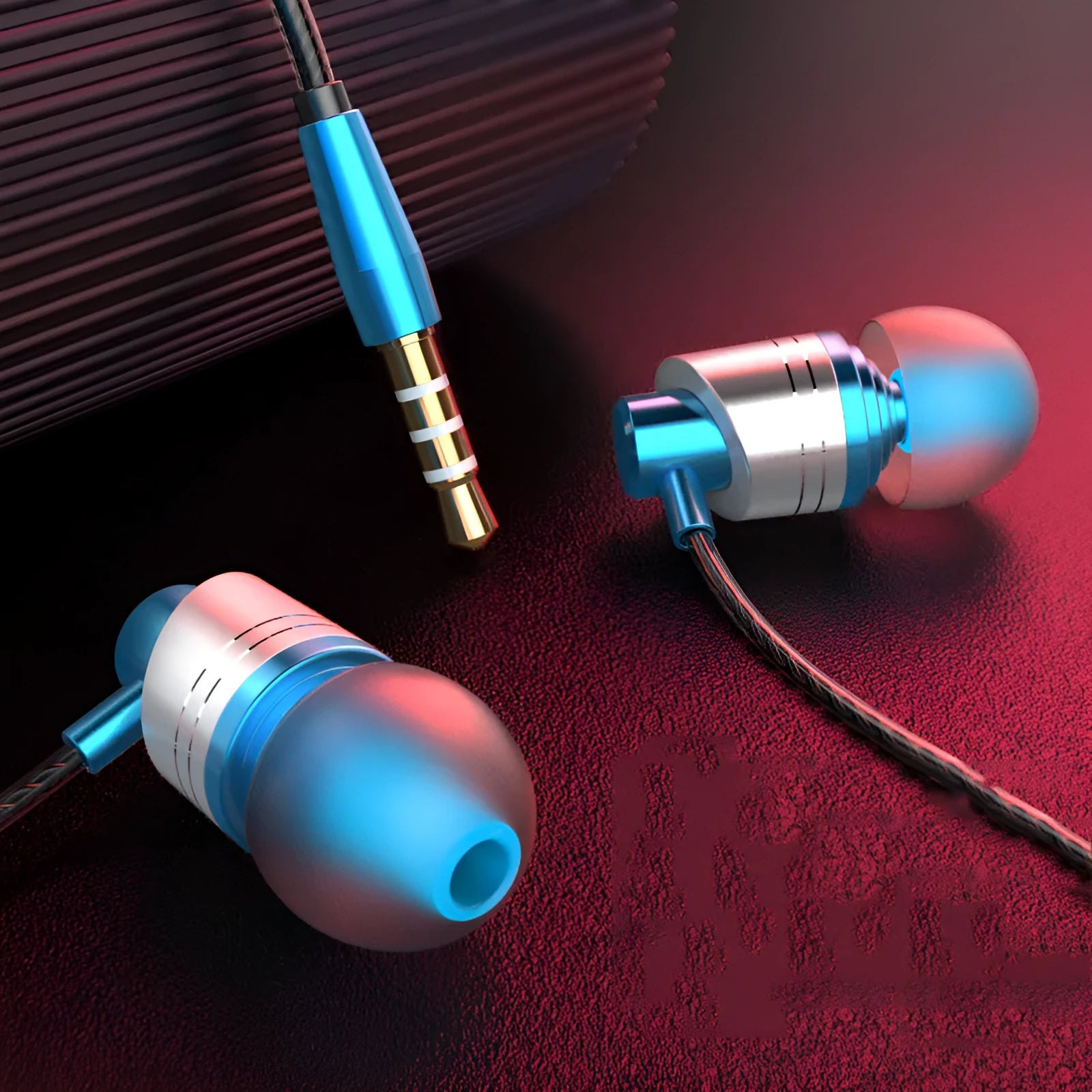 Black wired in-ear headphones with a metal subwoofer, 3.5mm plug, and in-line microphone on a 1.2m cable.
