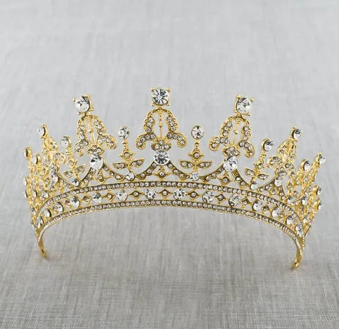 Light gold baroque bridal crown tiara with AB crystals on alloy frame measuring 15 cm diameter