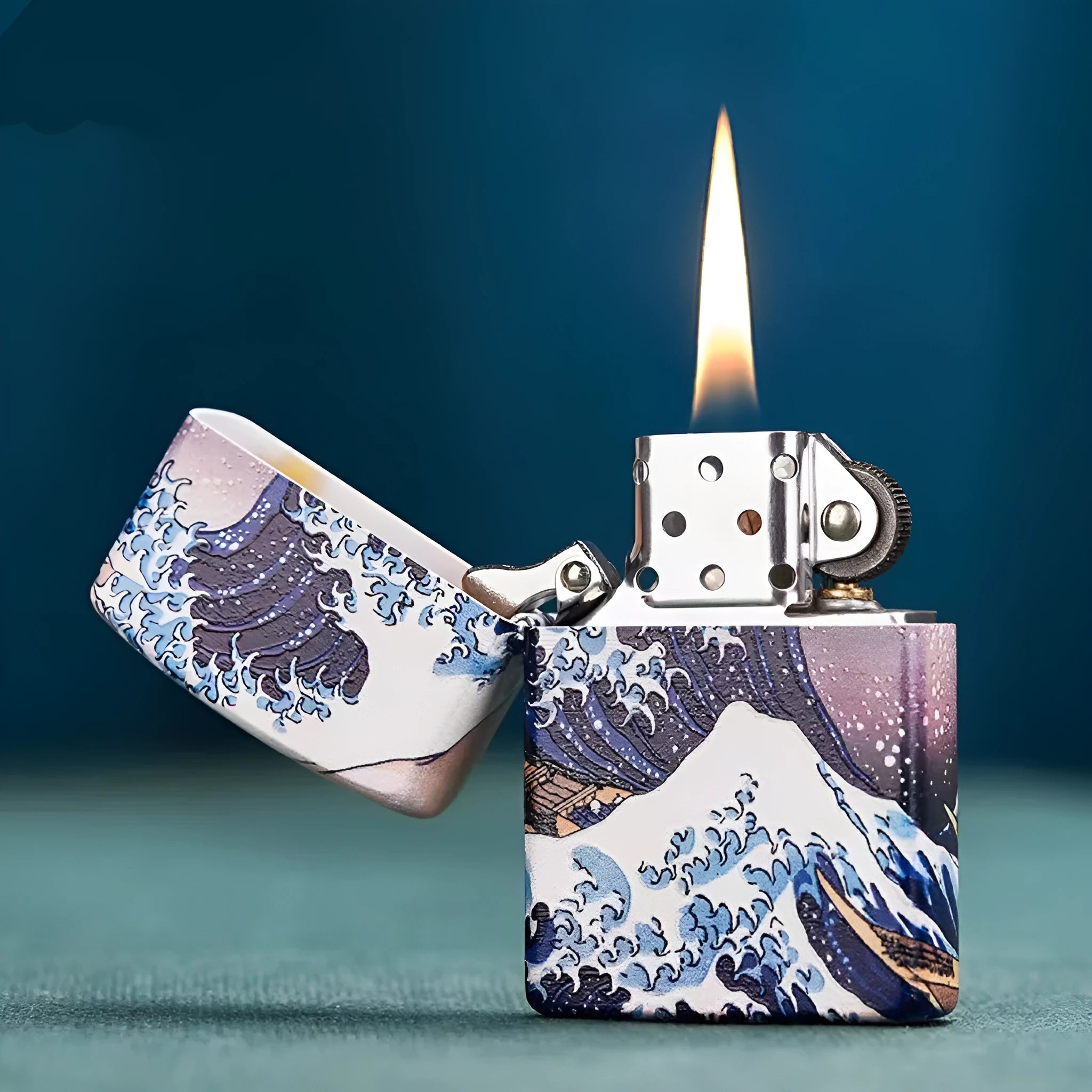 Coloured lacquer windproof lighter with Kanagawa surf design on copper housing, 58x39x13mm