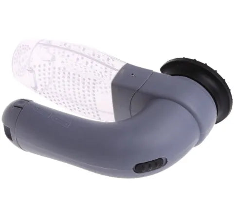 Grey portable electric pet hair remover vacuum with soft rubber grooming head for dogs and cats.
