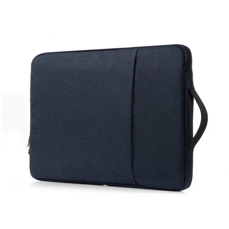 Simple grey canvas notebook sleeve case for a 12.9-inch tablet, showing padded interior.