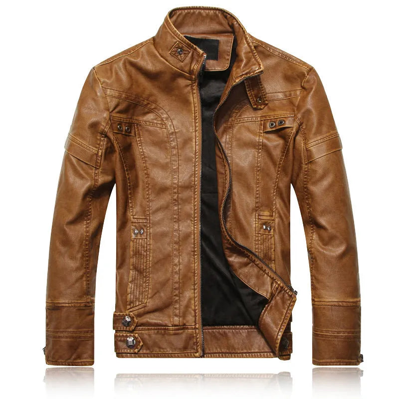 Men's faux leather biker jacket in black, brown, and coffee colours, available in sizes L to 5XL