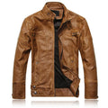 Men's faux leather biker jacket in black, brown, and coffee colours, available in sizes L to 5XL