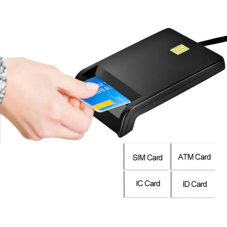 DM-HC65 USB Smart Card Reader in black ABS casing, front view with USB cable and card slot