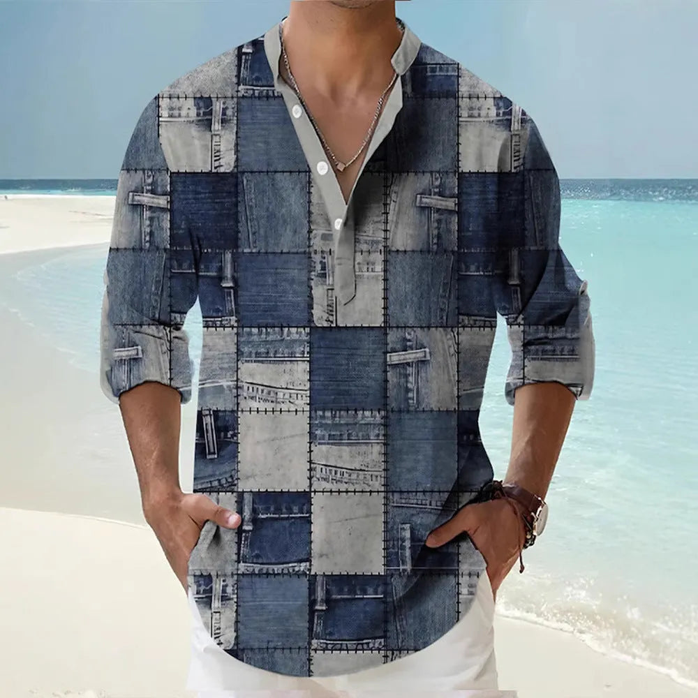 Long sleeve striped Hawaiian shirt in a digital bamboo linen pattern, shown in lilac colour.