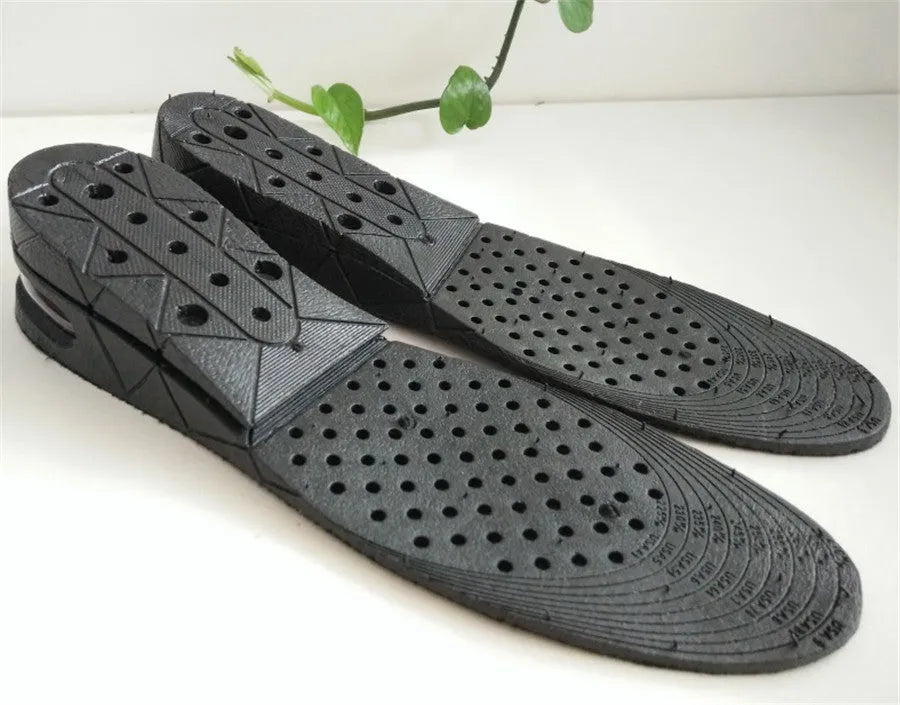Black PVC height increase insoles with visible stacked layers, 27cm length, for men's shoe lifts