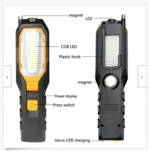 Multifunctional COB work light with LED, ABS housing, dry battery and USB rechargeable versions