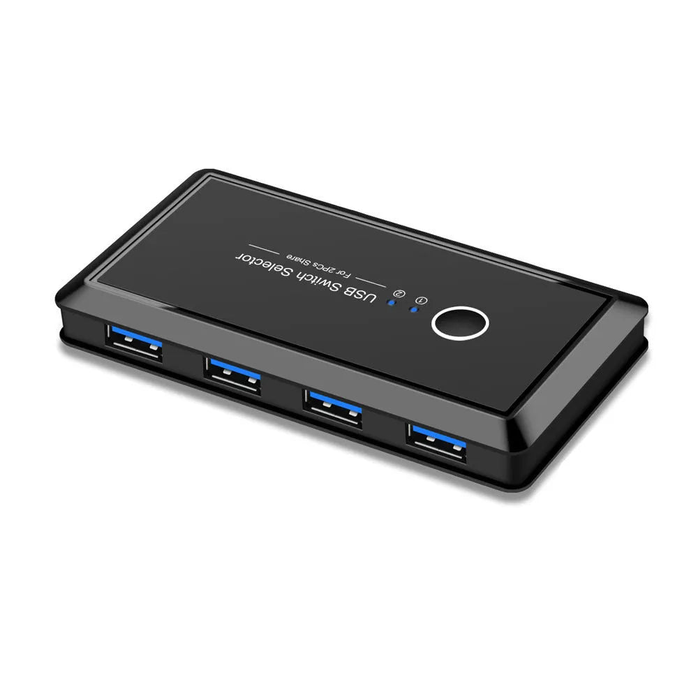 Black USB 2-in-4-out splitter with blue indicator light and button switch