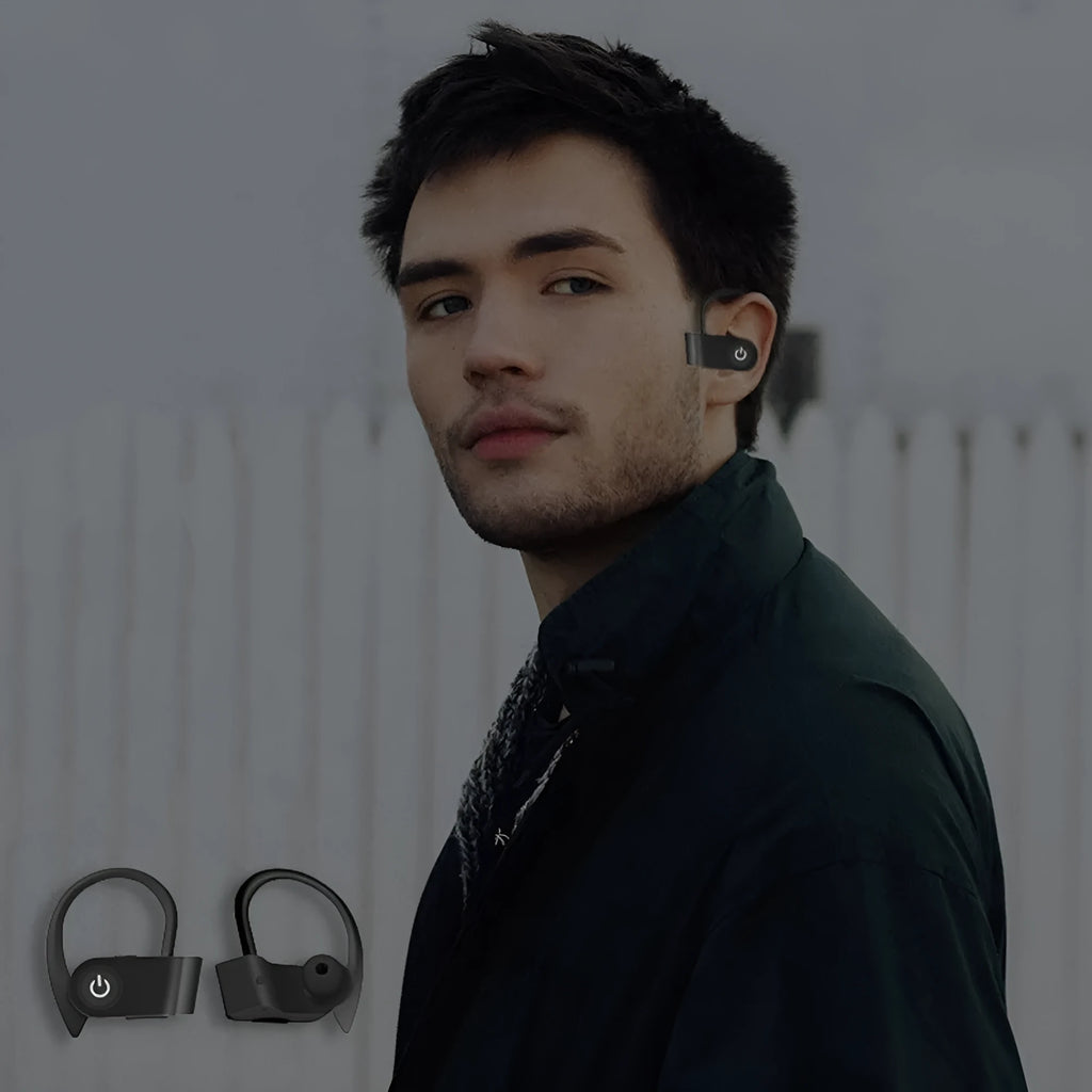 Black wireless Bluetooth earbuds with an ergonomic in-ear design and LED status indicator.