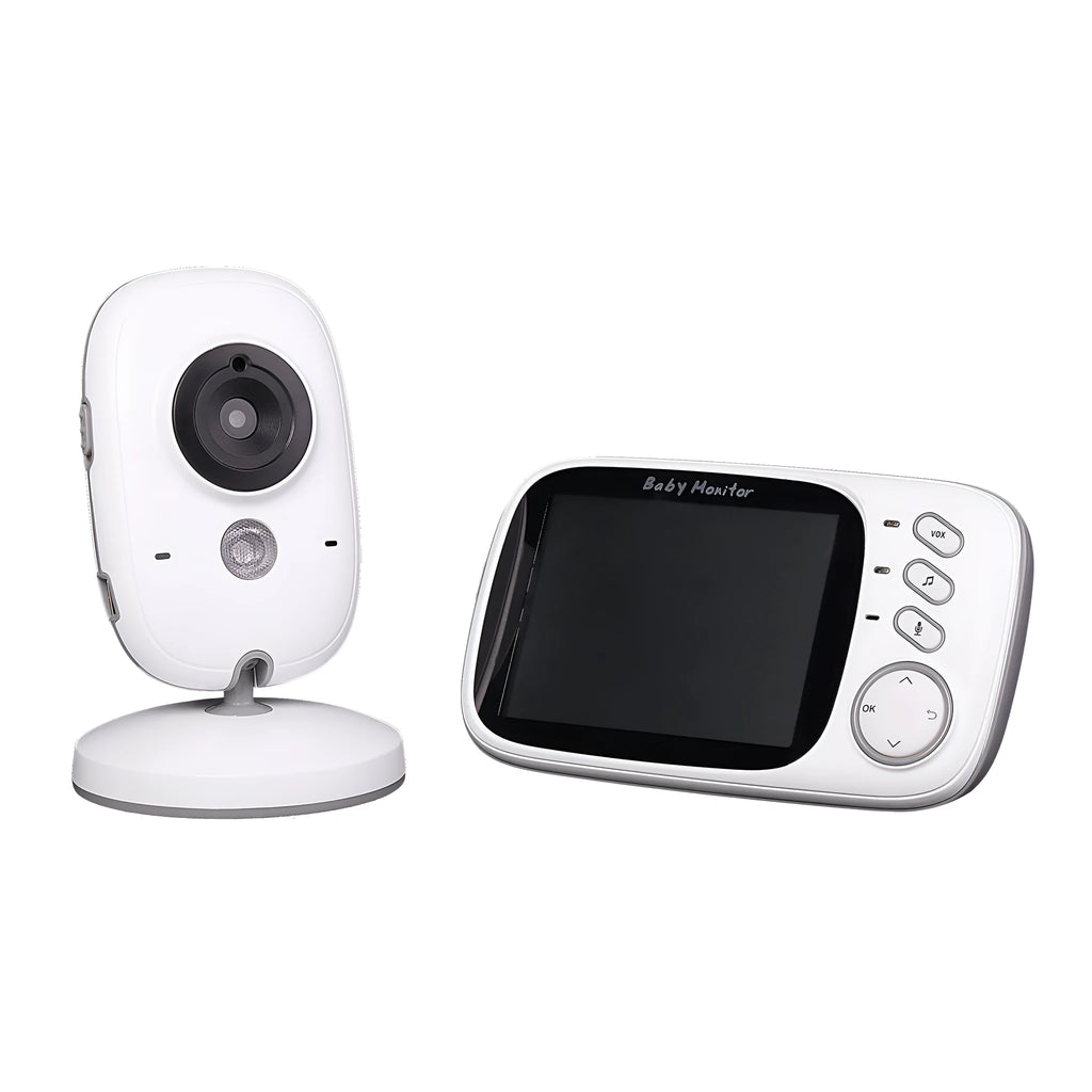 VB603 digital baby monitor showing parent unit with 3.2 inch screen and separate camera with night vision LEDs