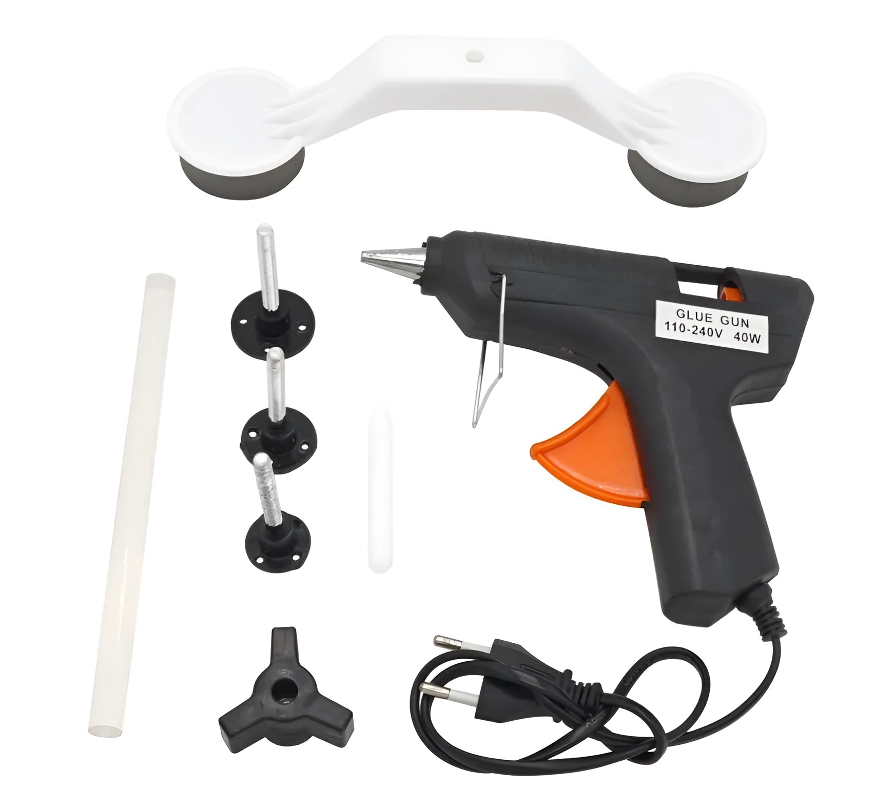 Plastic car body dent repair tool kit with glue gun, screw cap, holder, glue stick, and three traction strips on a white background