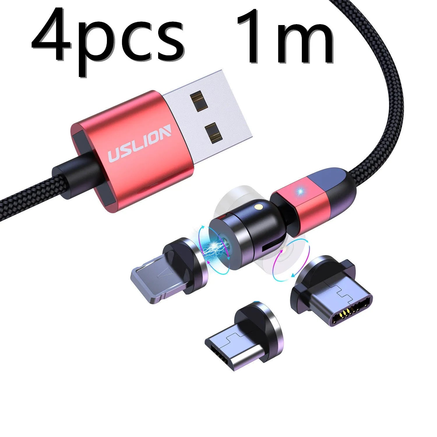 540° magnetic three-in-one data cable with aluminium alloy connector, TPE jacket, and LED indicator light on a table next to a smartphone