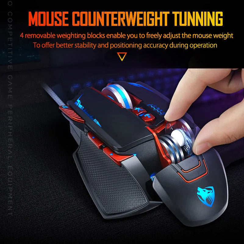 Black Thunder Wolf V9 wired gaming mouse with 6 buttons on an ergonomic shape.