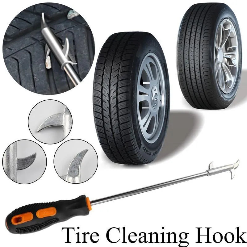 Car tyre cleaning hook made of zinc alloy and hard plastic with a built-in Phillips screwdriver