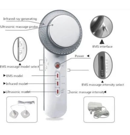 3-in-1 EMS infrared ultrasonic slimming massager with 5 modes and 5 intensities, compact handheld device for body and facial use