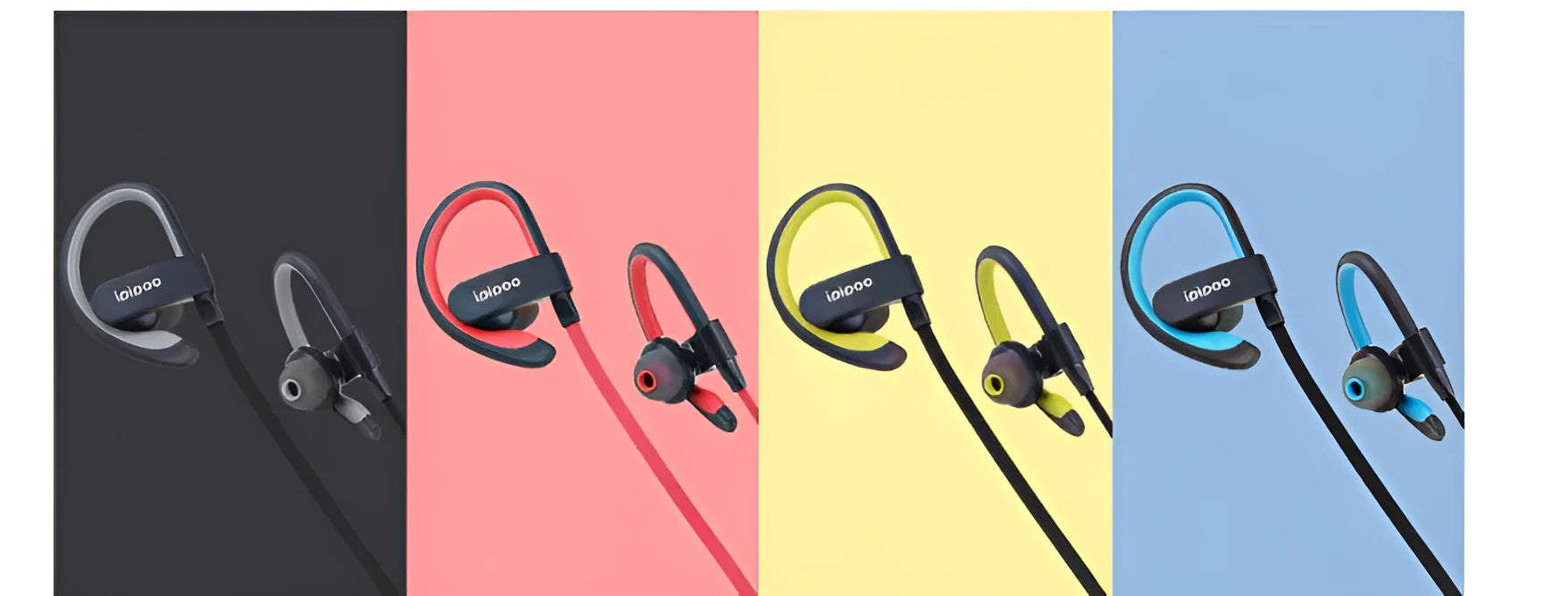Wireless sports running headphones in blue, grey, red, and yellow colours showing earplug design.