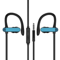 Sport ear hook headphones with microphone in black blue colour, showing the flexible ear hook and silicone earbud design.