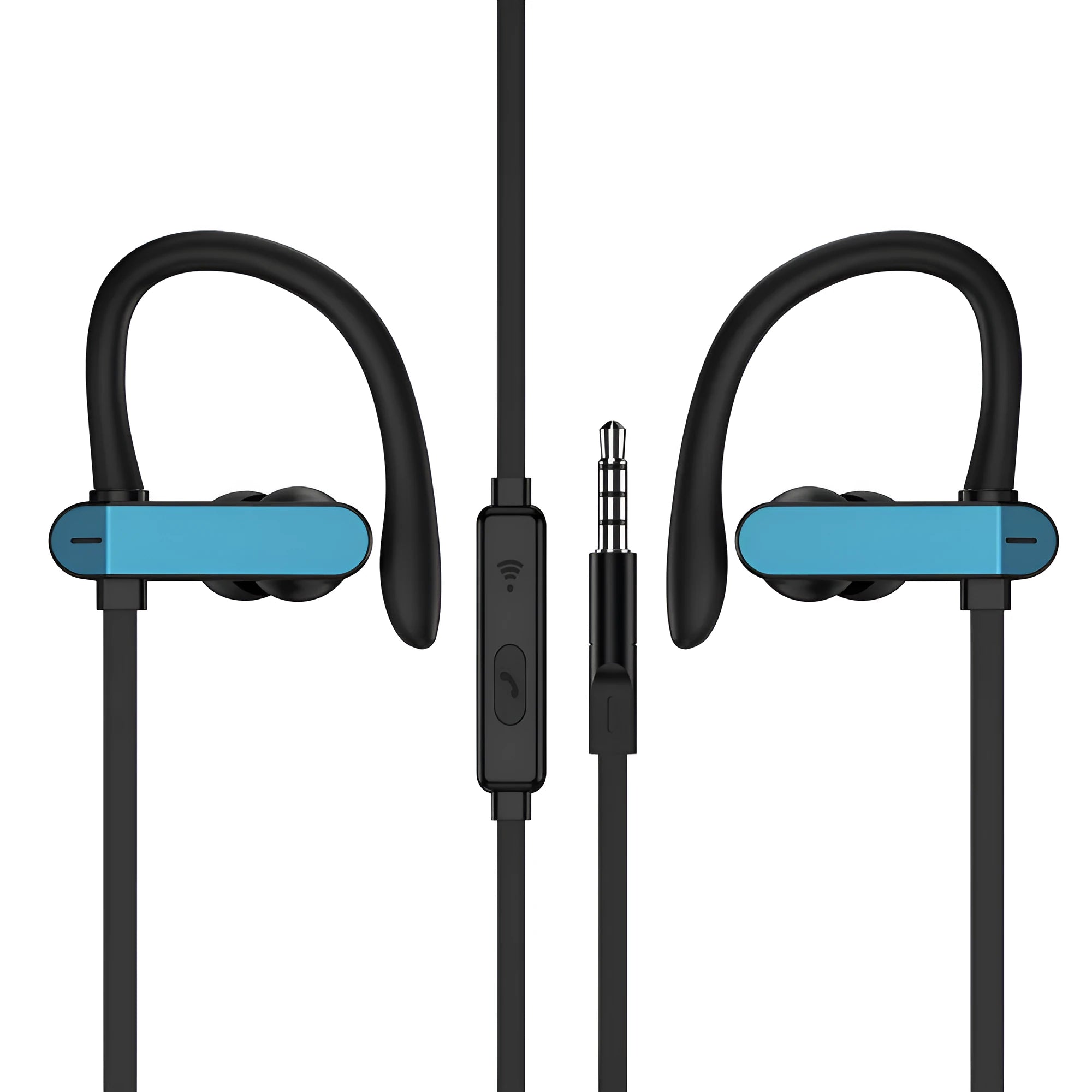 Sport ear hook headphones with microphone in black blue colour, showing the flexible ear hook and silicone earbud design.