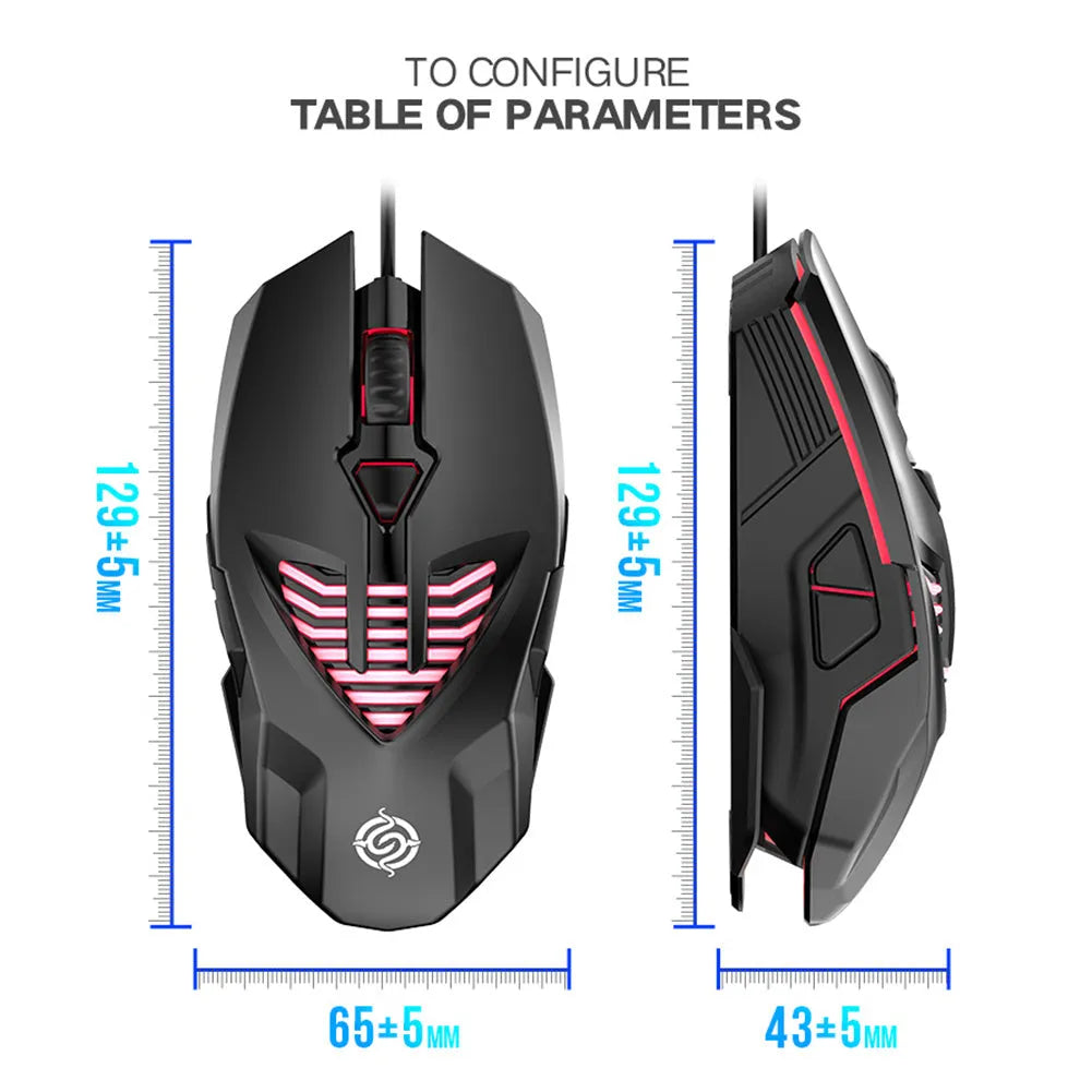 Wired USB gaming mouse with 1600 DPI optical sensor, rat size, black colour, and 1.5 metre cable for office laptop use