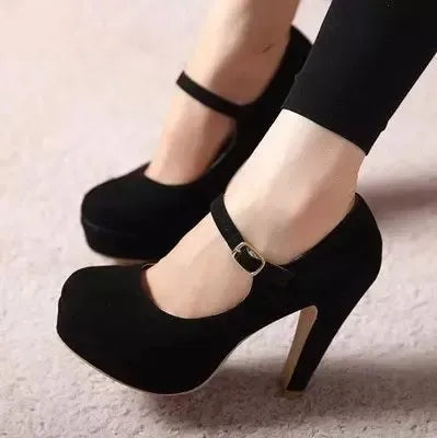 Black buckle Mary Jane high heel shoes with chunky heel and rubber sole, super high heel above 8cm