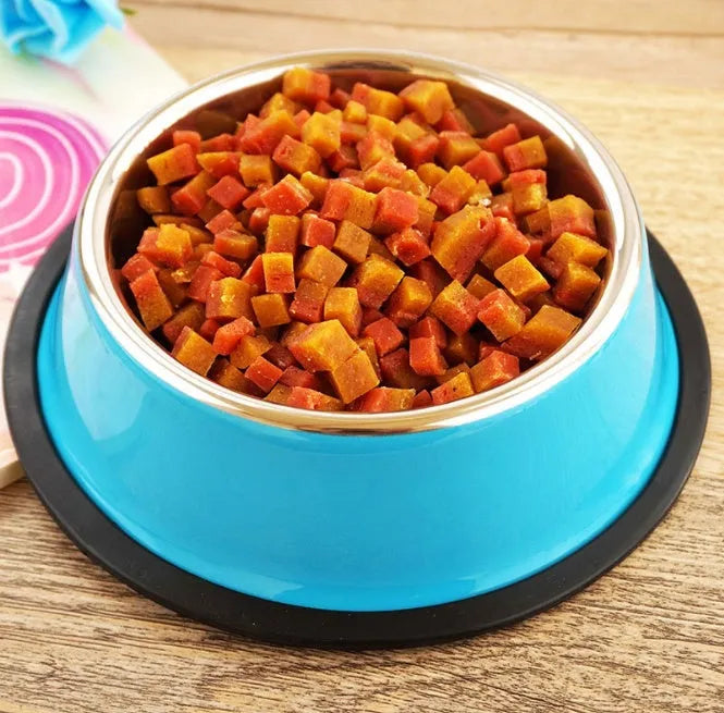 Stainless steel pet bowl with colourful melamine base in six colour options