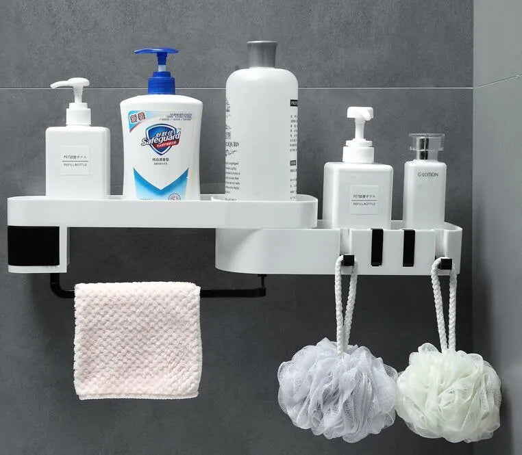 White and black corner shelf with adhesive wall mounts for bathroom or kitchen storage
