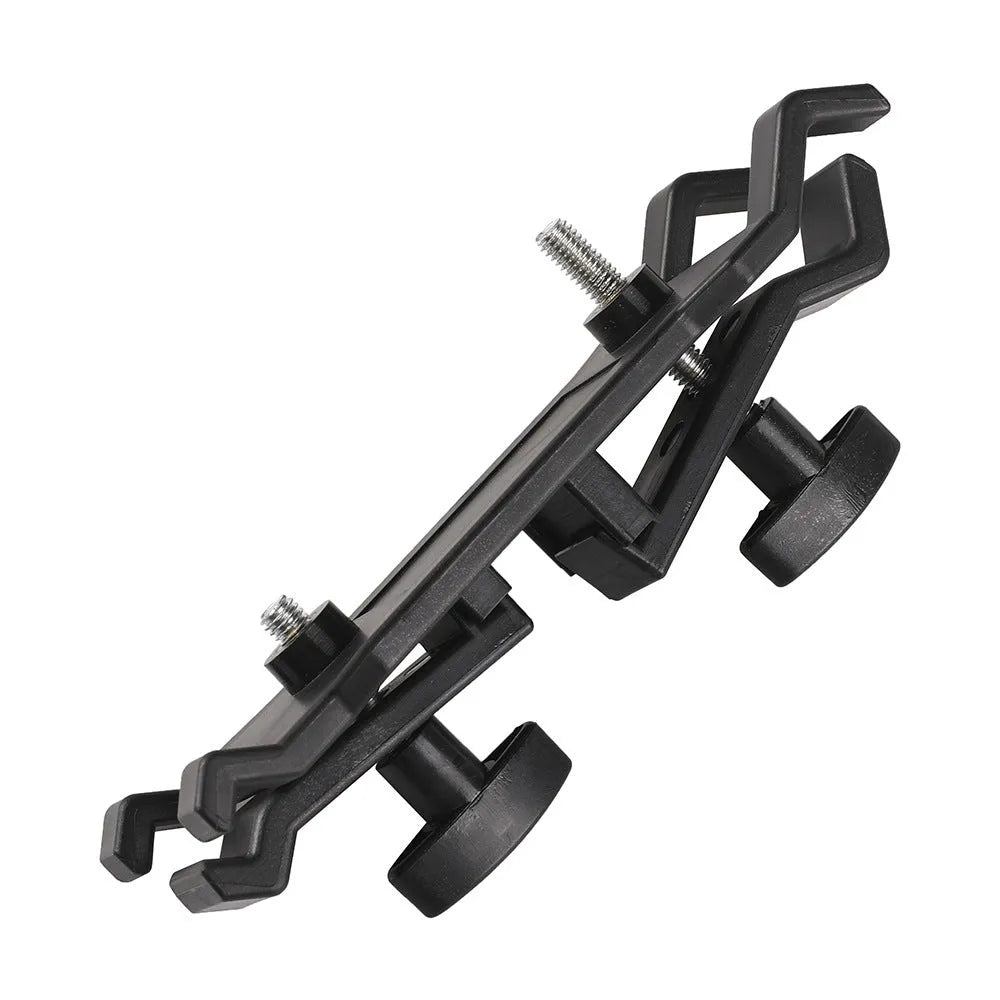 Black ABS plastic umbrella clip for attaching an iPhone to a tripod and umbrella pole.