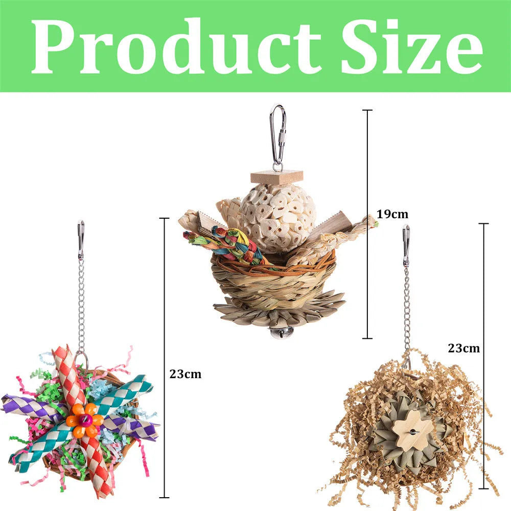 Parrot gnawing toy set with three wood and sisal rope chew designs for molar activity.