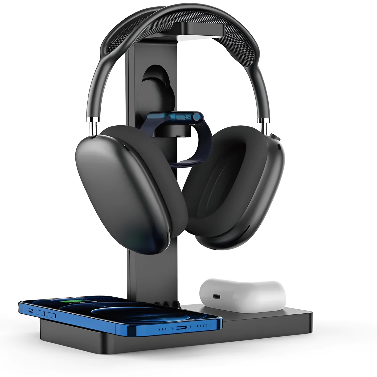 Black wireless charging station with brackets for mobile phone, smartwatch and headset