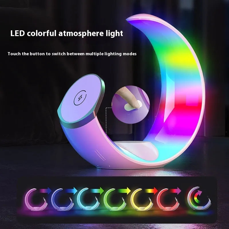 White wireless ambience light and 18W QC3.0 fast charger for bedside use with mobile phone