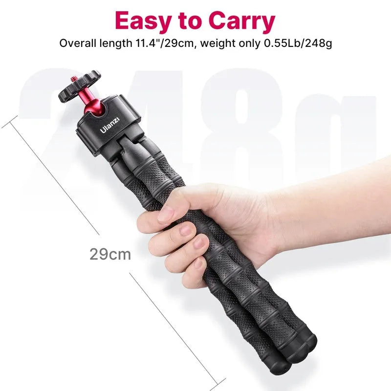 Silver aluminium tripod stand extended for camera or smartphone vlogging.