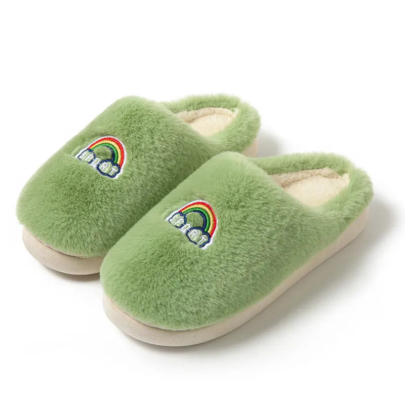 Kawaii rainbow embroidered plush slippers in white, rubber sole, wrapped toe, indoor winter wear