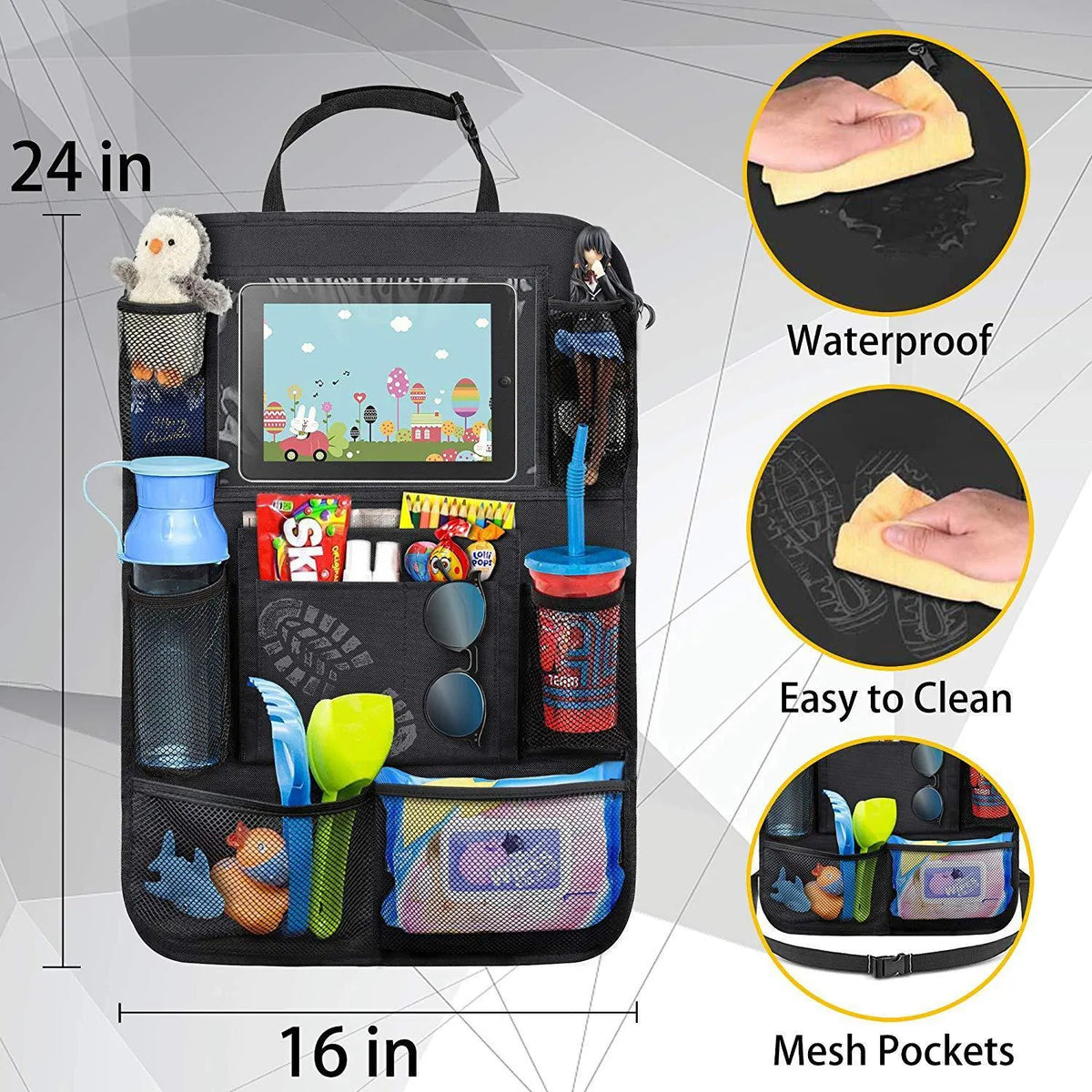Black car seat back storage pouch with 9 bags and transparent iPad pocket, 61x41cm, made from 600D Oxford cloth