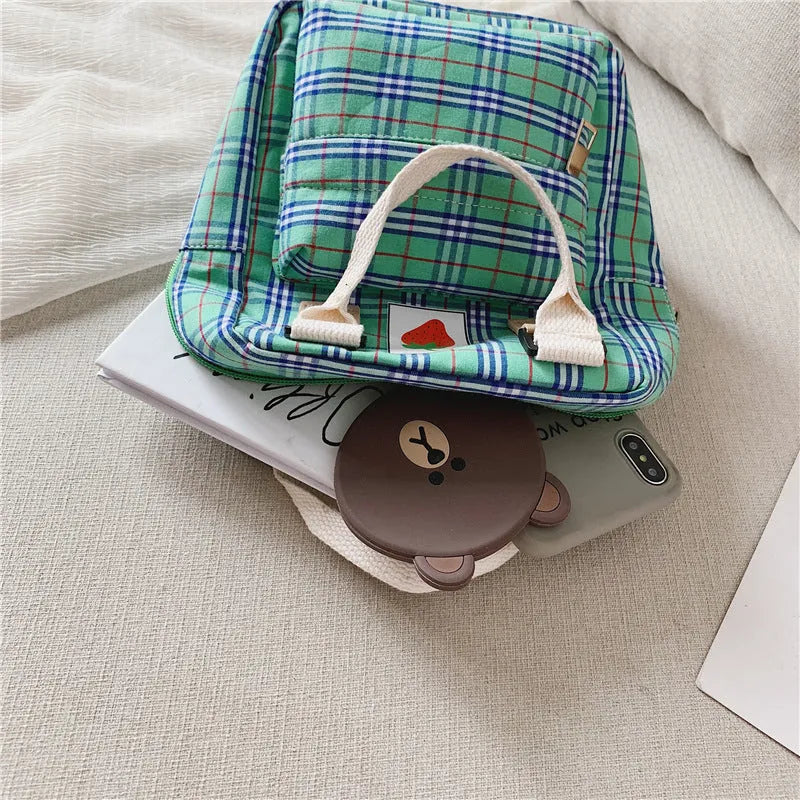 Fashion mini cartoon checked canvas children's backpack for school in blue with soft handle and double shoulder straps