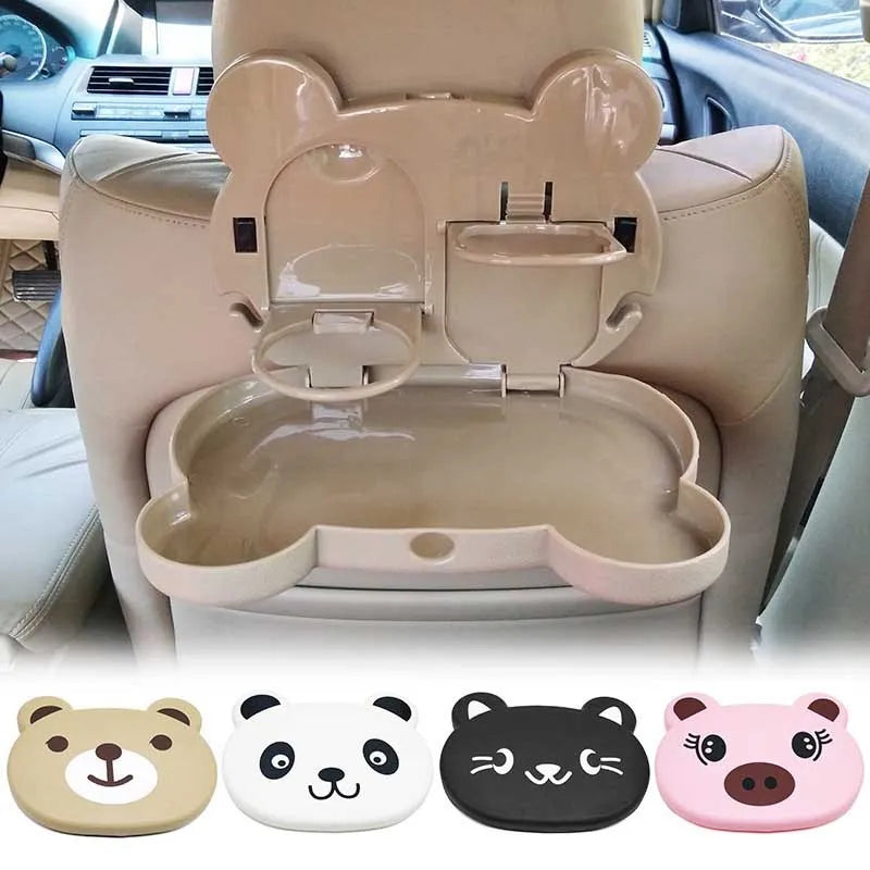 Child car seat table tray in black, with side hooks and a flat surface for snacks and drinks, size 20 x 23.5 cm