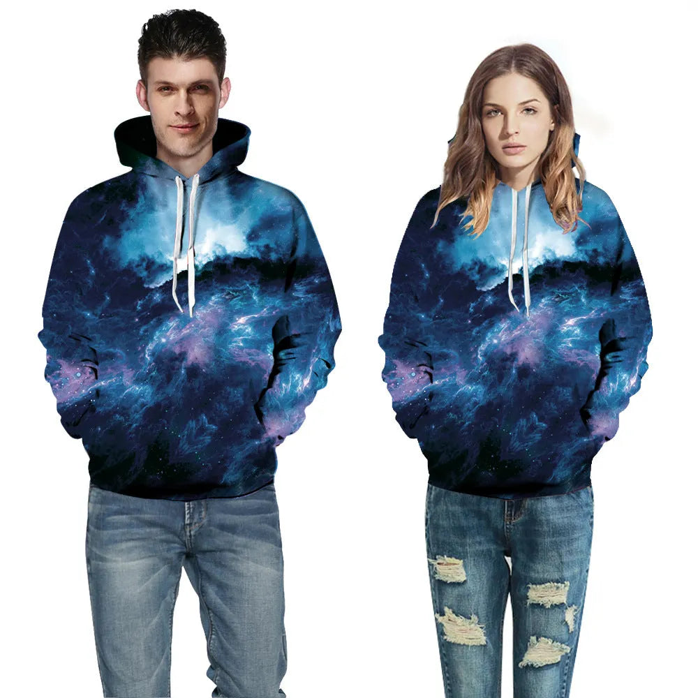 Deep blue galaxy hoodie polyester spandex pullover front view showing size range S to 3XL
