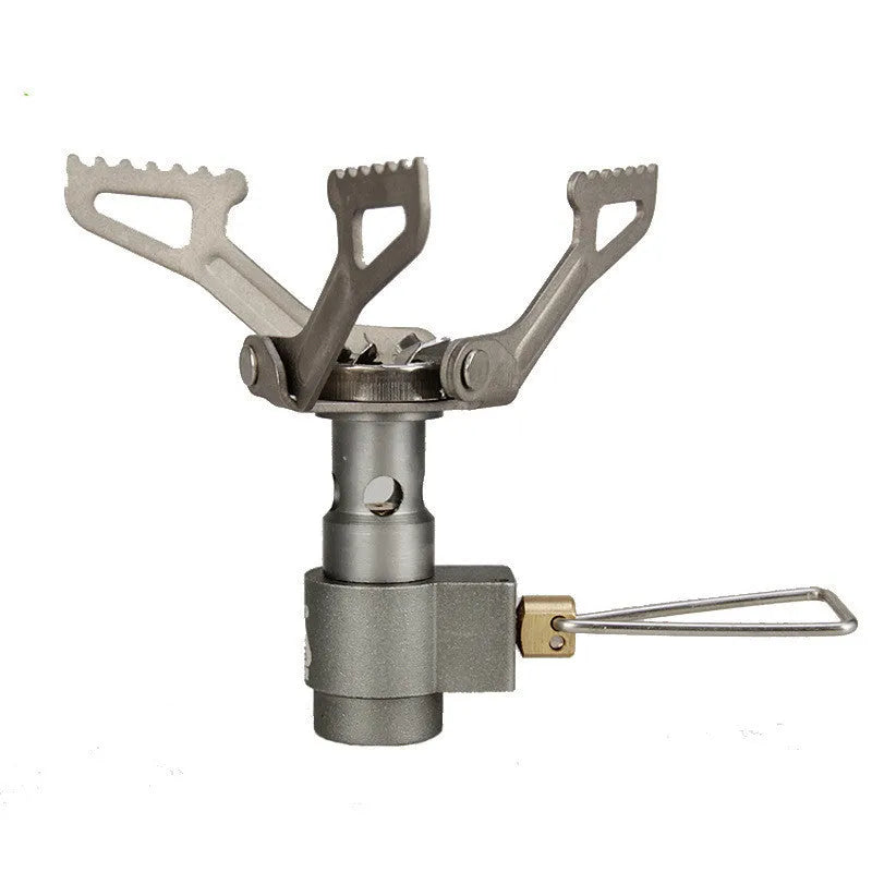 Compact portable propane gas camping stove with one-piece steel body and cast iron burner.