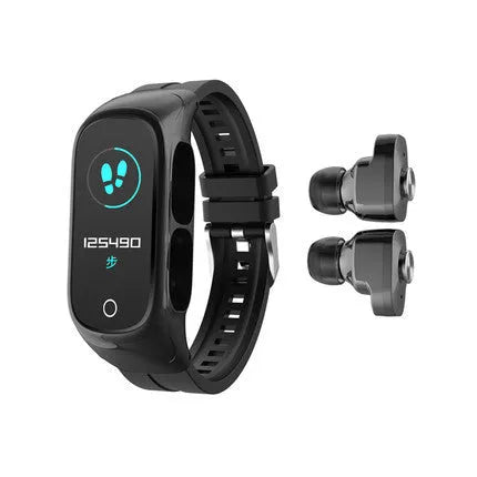 Smart bracelet and detachable Bluetooth headset combo set shown in black colour with wrist strap.