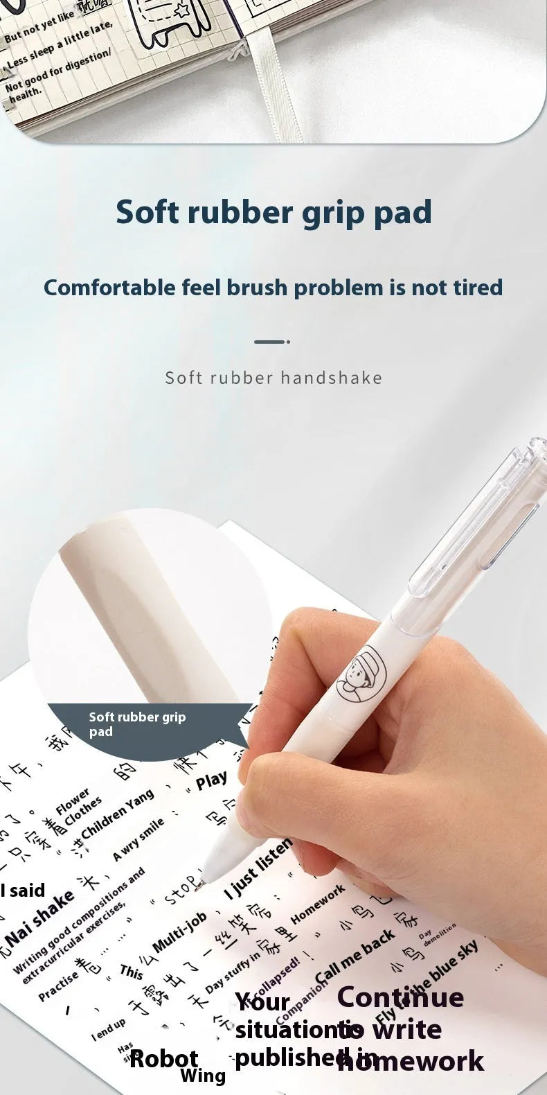 Five white Taco ballpoint pens with 0.5mm tips and quick-drying black ink