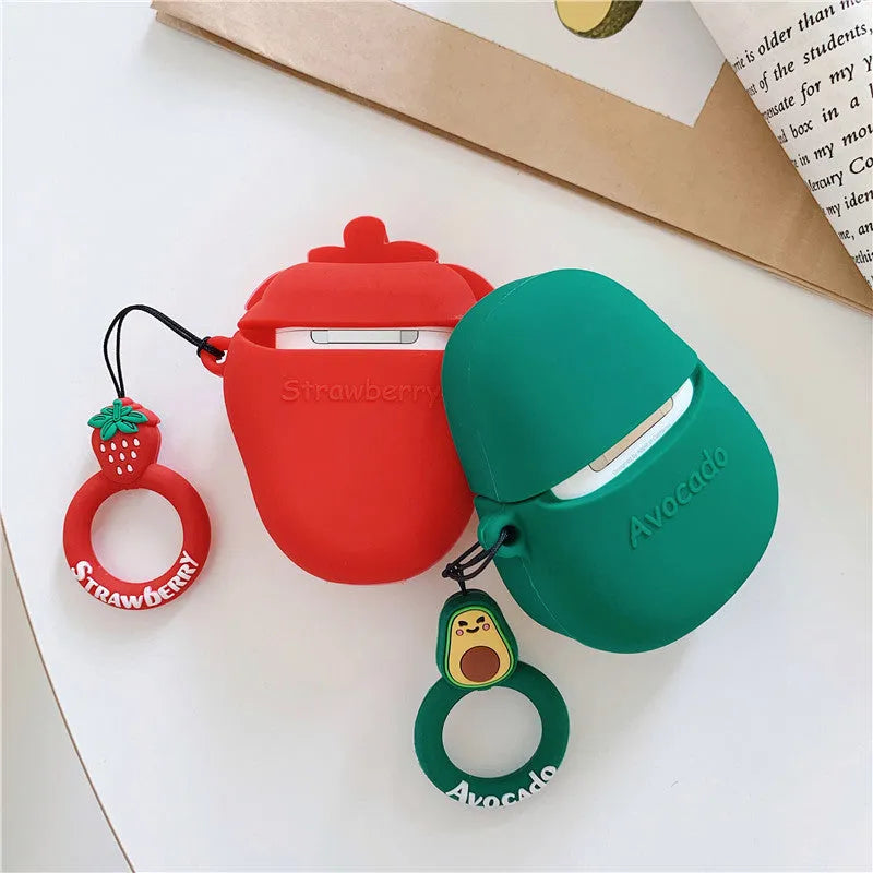 Cartoon silicone protective case for AirPods 1/2 in avocado, pineapple, and strawberry designs