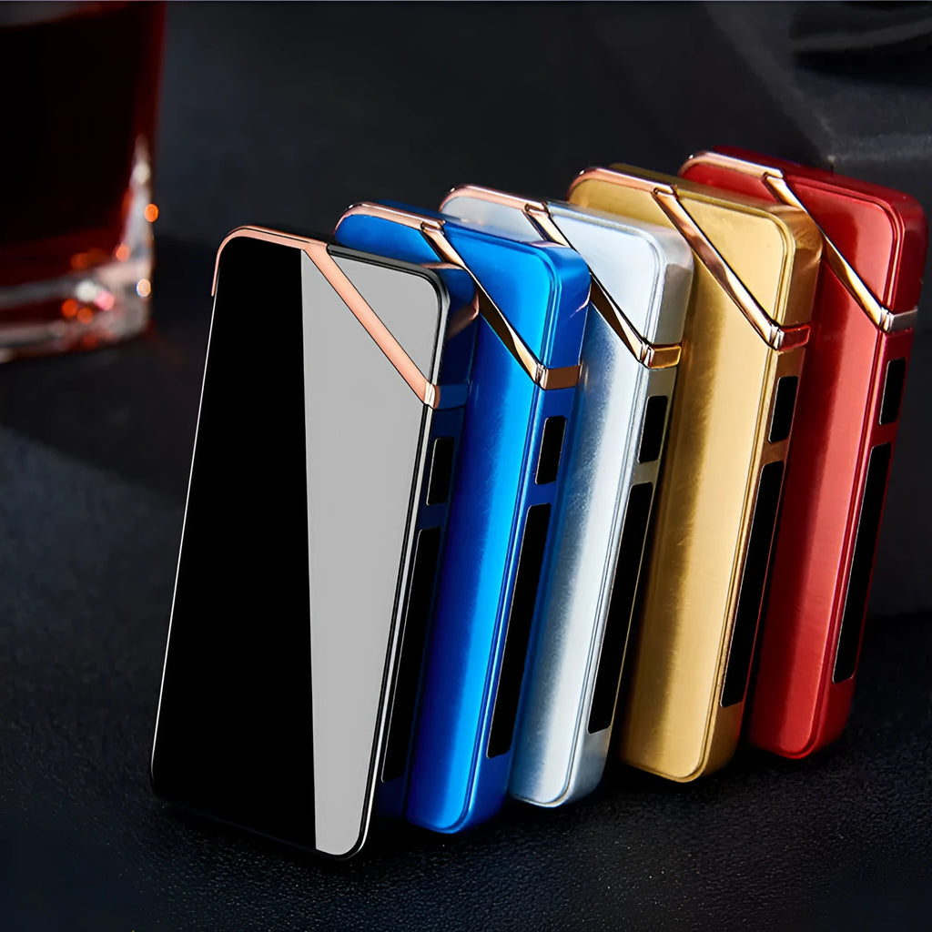 Creative fashion USB charging double arc lighter in zinc alloy, black colour, compact size 73x35x11mm