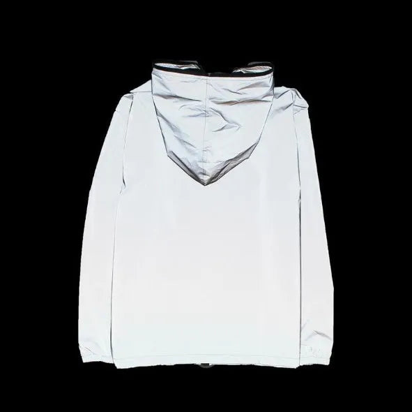 Men's full reflective windbreaker jacket in grey with hooded stand collar and zipper closure