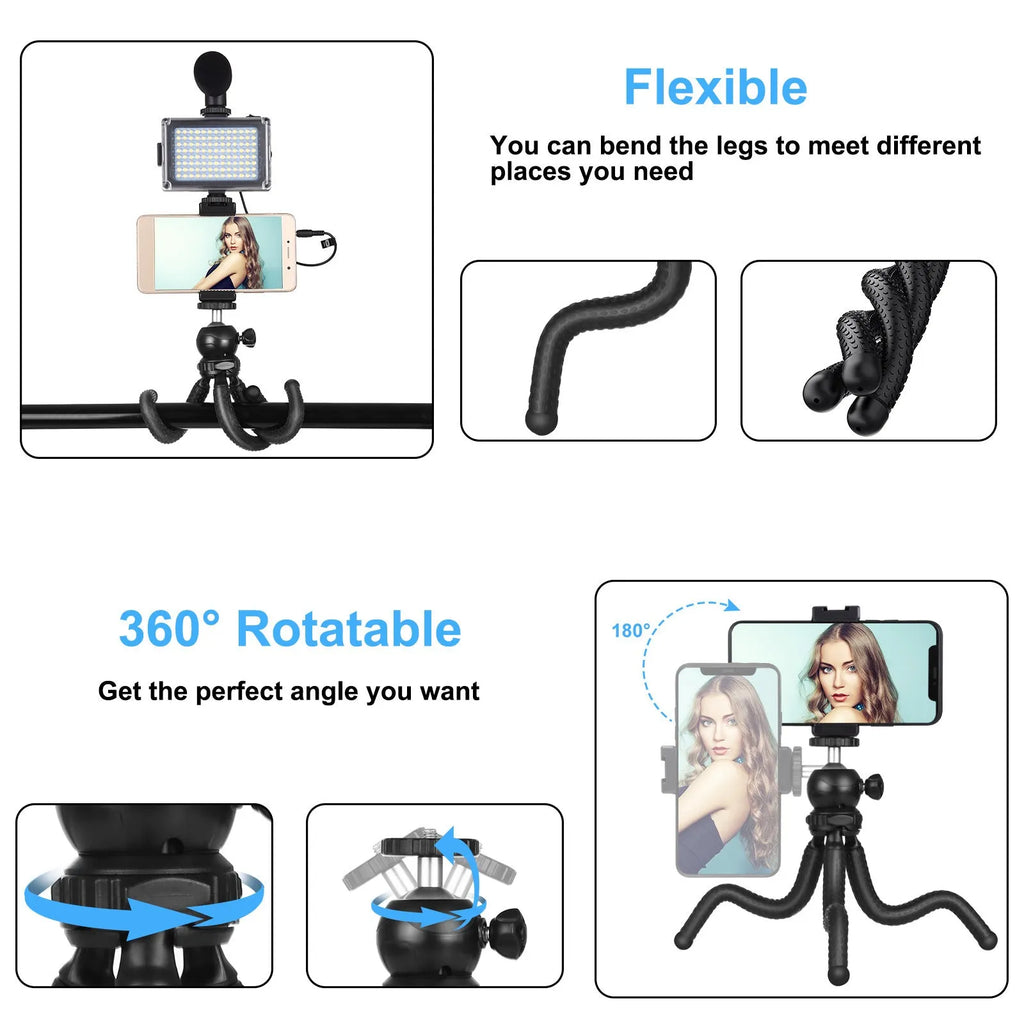 Black flexible mini tripod with rubber-coated legs and a 360-degree rotating ball head
